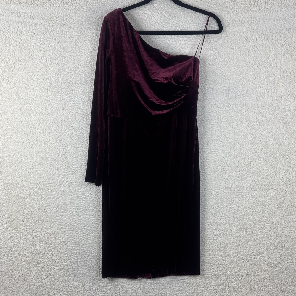 NWT Alex & Eve Women Burgundy Velvet One Shoulder Back Slit Sheath Dress Size 10